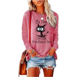 WFIAOUESS It's Fine I'm Fine Everything Is Fine Sweatshirt Fine Funny Cat Christmas Sweatshirt for Women Cute Fine Tee Tops