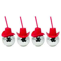 Bolaras Silver Disco Ball Cups with Pink Cowgirl Hat Lids, Straws, and Name Tags | 20oz | Set of 4 | Cocktail Cups for Bachelorette Party