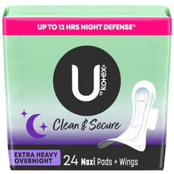 U by Kotex Clean & Secure Overnight Maxi Pads with Wings, Extra Heavy Absorbency, 24 Count (2 Packs of 12) (Packaging May Vary)