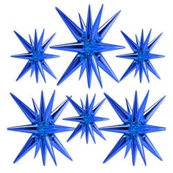 PartyWoo Dark Blue Star Balloons 6 pcs, One-Piece 14-Pointed Starburst Balloons, 27 & 22 inch Star Explosion Balloons with Ribbon, Point Star Foil Balloons, Large Mylar Balloons for Party Decorations