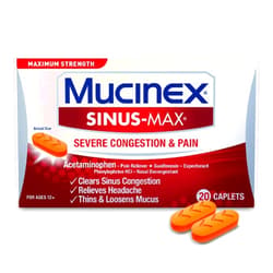 Mucinex Sinus Max Severe Congestion & Pain Relief, Maximum Strength Nasal & Sinus Relief, Decongestant for Adults, Acetaminophen Pain Reliever, Guaifenesin Expectorant and Mucus Removal, 20 Caplets