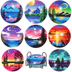 Eniref 8 Pcs Diamond Art Coasters Kits with Holder, Landscape DIY Diamond Paintings Coaster Kits,Scenery Full Drill Rhinestone Painting Kits for Adults Beginners Art Craft Supplie for Tabletop Protection.