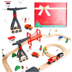 WOOD CITY Wooden Train Set for Toddler, 56 Pcs Deluxe Kids Car Toy for 2 3 4 Year Old Boy, Cargo-Themed Train Track with Tower Crane & Suspension Bridge - Fits Thomas Brio Chuggington Melissa Orbrium