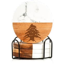 MIP Set of 4 Drink Coasters with Holder Gift Cedar Tree Lebanon Lebanese (Acacia Wood & Marble)
