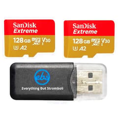 SanDisk Extreme 128GB Micro SDXC Card for DJI Mavic Mini 2, Mavic Mini, Mavic Air 2 Drone (2 Pack) C10 4K V30 A2 (SDSQXA1-128G-GN6MN) Bundle with 1 Everything But Stromboli MicroSD Memory Card Reader