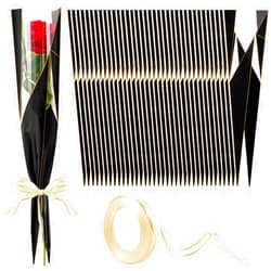 Mauproy 100 Pack Single Rose Sleeves, Flower Wrapping Bags Waterproof Single Flower Packaging Bags with Ribbons for Wedding, Birthday, Valentine’s Day, Florist Supplies (Black)