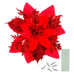 TOYANDONA 12pcs Christmas Flower Poinsettias Glitter Artificial Poinsettia Christmas Poinsettia Christmas Tree Ornaments Christmas Flower Decorations with 12pcs Stems and Clips (Red)