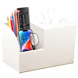 BLIENCE PU Leather Square Tissue Box Cover - Multi-Functional Tissue Box Holder, Tissue Box Cover with Storage,Tissue and Remote Control Holder, Cube Tissue Box Organizer Bedroom Nightstand End Table(White)