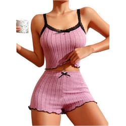 SweatyRocks Women's 2 Piece Lace Ribbed Knit Cami Top and Lettuce Trim Shorts Pajama Set Sleepwear Lounge Sets