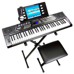 RockJam 61 Key Keyboard Piano Stand With Pitch Bend Kit, Piano Bench, Headphones, Simply Piano App & Keynote Stickers