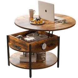 FABATO Round Lift Top Coffee Table with Storage and Hidden Compartment, 26.77'' Farmhouse Coffee Table for Living Room Reception Room, 2 Tier Small Round Coffee Table Circle Dining Table, Rustic Brown