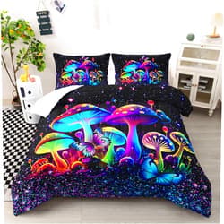 Ntlfup Kids Mushroom Comforter Set, Colorful Sparkle Natural Wild Fungus Bedding Set for Kids Boys Girls, Botanical Plants Duvet Set Butterfly Comforter with 2 Pillowcases Full Size