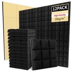 Earppie Acoustic Foam Panels, 12X12X2 Inches Self-adhesive Mushroom-Shaped Design High Density Sound-Absorbing and Noise-Canceling Block Cotton for Studio Recording, Office,Home (Black, 12PCS)