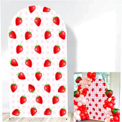 Lrrtwer Arch Cover Strawberry Theme Backdrop Pink Grid Girls Bagy Shower Bride Wedding Sweet Strawberry Birthday Party Decor (6FT)