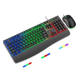 EDJO Wired Keyboard and Mouse Combo, Light Up Letters, 3-Color RGB Backlit, Wrist Rest for Large Hands, USB 6 Buttons Big Mouse, Ergonomic Full-Size Computer Keyboard for Windows, Mac, EDJO