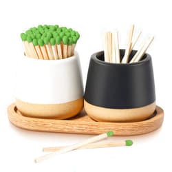 FreeJac Set of 2 Ceramic Match Holder with Striker for Cute and Fancy Matches - Match Container With Wooden Tray Matchstick Holder for Kitchen Bathroom Candle Parlor Modern Home Decor
