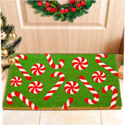 Whaline Christmas Door Mat Natural Coir Welcome Floor Mat Green Xmas Candy Cane Rectangle Entrance Door Rug for Indoor Outdoor Home Bathroom Decor, 16.5 x 29 Inch
