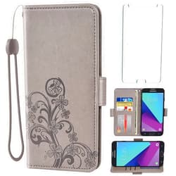 Asuwish Compatible with Samsung Galaxy J3 Luna Pro J 3 Prime 2017 Emerge 3J Eclipse Mission Wallet Case and Tempered Glass Screen Protector Flip Wrist Strap Card Holder Cell Phone Cover for Glaxay S327VL Grey