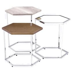 Acme Simno Hexagon Top Nesting Tables in Gray Washed and Chrome Metal