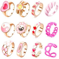 Hicarer 12 Pcs Y2k Rings Hot Pink Colorful Resin Acrylic Rings Chunky Vintage Trendy for Women
