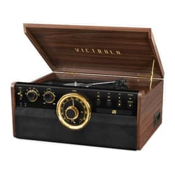 Victrola The Empire Mid-Century 6-in-1 Turntable & Multimedia Center with Built-in Speakers – 3 Speed, Bluetooth Connectivity, Radio, Cassette & CD Player, RCA Out, Headphone Jack (Espresso)