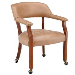 LEEMTORIG Dining Chairs with Casters and Arms, Rolling Dining Chairs with Wheels, Solid Wood Office Desk Chairs, 26“Dx25.2 Wx31.5“H, Cherry Legs & Yellowish Brown Fabric SY-1533-LT