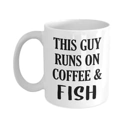 Art by Chelsydale This Guy Runs on Fish Themed Coffee Mug Tea Cup - 11oz Novelty - Gifts for Aquarist Fisherman Boat Lover Fishkeeping Hobby Aquarium Owner Enthusiast Hobbyist Funny Cute Gag Idea