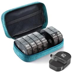 AUVON Canvas Bag Travel Pill Organizer 2 Times a Day, Large AM/PM Weekly Pill Box 7 Day Pill Case with Portable Cyan Zipper Cloth Bag for Holding Supplements, Vitamins and Fish Oils