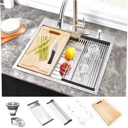 Hovheir 25 Inch Drop In Kitchen Sink Stainless Steel-Hovheir 25x22 Drop In Kitchen Sink Double Ledges Workstation Topmount Sink 16 Gauge Stainless Steel Single Bowl Deep Kitchen Sink with Cutting Board