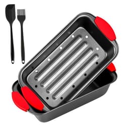 YIDAZLE Meatloaf Pan with Drain Tray, 2 Piece Set Meat Loaf Pan with Silicone Grip and Spatula & Basting Brush, Carbon Steel with Nonstick Coating, Oven Safe to 450°F, Versatile for Bread, Roasts, Cakes