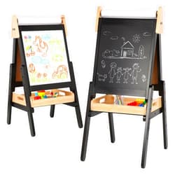 IDEA FAMILY 3 in 1 Easel for Kids with Wood Tray Double Sided Kids Easel with Paper Roll,Magnetic Chalkboard & White Board Height Adjustable Painting Standing Easel for Toddlers Childrens 2+ (Black)