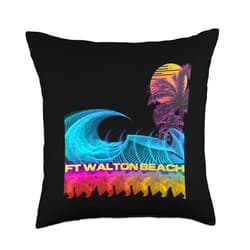 Ft Walton Beach Retro Vintage Themed Designs Ft Walton Beach-Retro 80s Style Vintage Vaporwave Surf Throw Pillow, 18x18, Multicolor