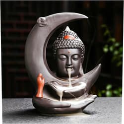 HaisWonsa Buddha Incense Burner Backflow - Zen Ceramic Cone Incense Waterfall Burner, Moon Smoke Fountain Incense Holder with Cones & Tweezer & Fire Mat for Aromatherapy/Yoga/Home/Room/Office Deco