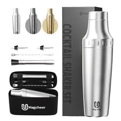 Magcheer Hybrid Cocktail Shaker Set | Vacuum Insulated Stainless Steel Martini Shaker with Strainer & Jigger Lid | Travel cocktail kit with Bartender Accessory Tools | 30oz | Silver