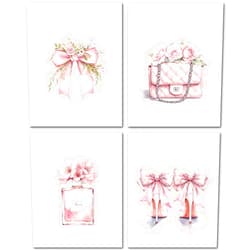 JINYO Coquette Pink Bow Perfume High Heels Package Wall Art Prints Set of 4, Preppy Girly Pink Wall Decor Posters Pictures for Girls Room Bathroom Apartment, 8x10 Unframed