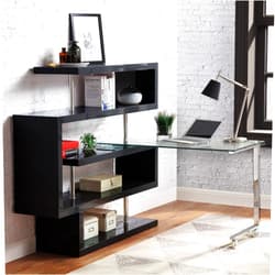 Fulocseny L Shaped Computer Desk, Modern 360° Rotating Corner Home Office Desk with Storage Shelves Bookshelf and Glass Tabletop, Swivel Large Writing Study Gaming Table Workstation (Black)