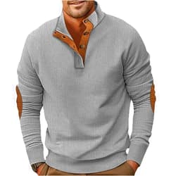 Scapodo Mens Corduroy Stand Collar Sweatshirt Quarter Button Cotton Knit Casual Fall Retro Long Sleeve Pullover Sweatshirts