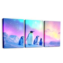 Castle Fairy Penguin Wall Art 3 Pieces,Safari Animals Cute Penguin Family Posters Prints for Boys Teens Adult,Dreamy Aurora Starrt Sky Wall Art Decor Prints for Living Room