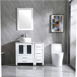 wonline 36” White Bathroom Vanity and Sink Combo Wood Cabinet Top Round Ceramic Vessel Sink Faucet Drain Combo with Mirror Vanities Set