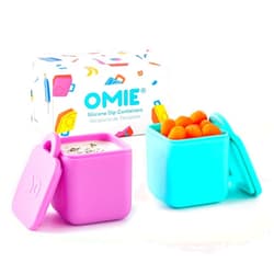 OmieBox (2 pack) Leakproof Dips Containers To Go, Salad Dressing Container, Condiment Container with Lids - Food Safe Silicone - 4 ounces (Pink/Teal)