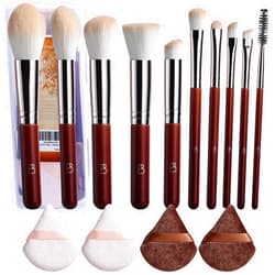 BS-MALL 10 Pcs Travel Makeup Brush Set With Super Soft Triangle Puffs - Professional Foundation Brush & Blush Brush - Multi-purpose Makeup Brushes For Daily Use & Gifts - Portable Makeup Brush Case