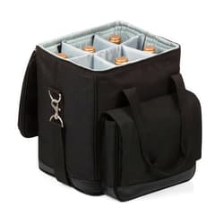 PICNIC TIME Cellar 6-Bottle Wine Carrier & Cooler Tote, Insulated Padded Cooler Bag for Travel, Portable Water-Resistant Bag, Black with Gray Accents