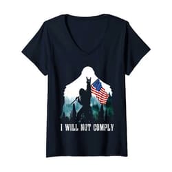I Will Not Comply Bigfoot American Flag Tee Womens Bigfoot Medical Freedom I Will Not Comply No Mandates V-Neck T-Shirt