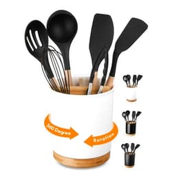 LoeJan 3 Compartment Utensil Holder, Extra Large Utensil Crock, Stable Ceramic Utensil Organizer, Cooking Tool Organizer Set for Kitchen Counter Farmhouse Decor (C-White(Grossy))