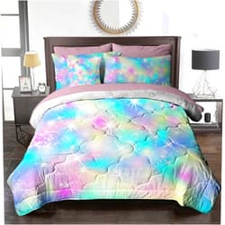 BlessLiving Glitter Bed in A Bag Queen Ombre Comforter Set 8 Pieces Marble Turquoise Blue Pink Bedding Set (1 Comforter, 2 Pillowcases, 2 Pillow Shams, 1 Flat Sheet, 1 Fitted Sheet, 1 Cushion Cover)