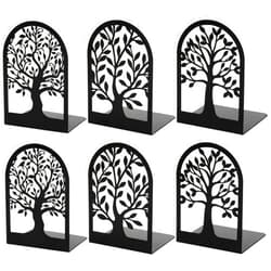 HappyHapi Metal Bookends for Shelves Decorative, Tree Stopper for Heavy Books, Black Ends to Hold Books for Home Office, 6.5 X 4.7 X 3.5 Inch(3 Pairs/6 Pcs, Large)