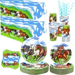 LSJDEER Horse Party Supplies - Horse Party Tableware - Dinner Plates Desserts Plates Cups Napkins Tablecover Straws for Horse Racing Cowboy Western Boy Birthday Party Supplies Decorations, Serves 40