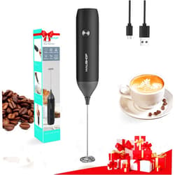 HAUSHOF Powerful Rechargeable Milk Frother, Handheld USB Type-C Electric Foam Maker for Coffee Latte, Cappuccino, Mocha, Macchiato, Frappe and Protein Powder, Detachable Stainless Steel Whisk, Black