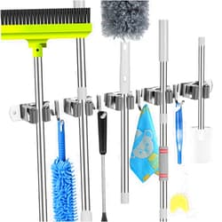 voze 5 Racks and 4 Hooks Mop and Broom Holder Wall Mount, Self Adhesive Heavy Duty Broom Organizer Storage Tool Racks for Kitchen Garden Laundry Garage
