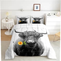 Feelyou HighlCow Comforter Set Grey Bull Cattle Comforter for Kids Boys Girls HighlCattle Bedding Set Wooden Plank Farmhouse Animal Duvet Set Room Decor Quilt Queen Size Boys